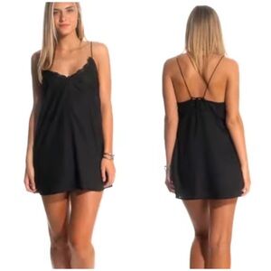 Billabong Black Lace-Trim Woven Slip Away Mini Slip Dress